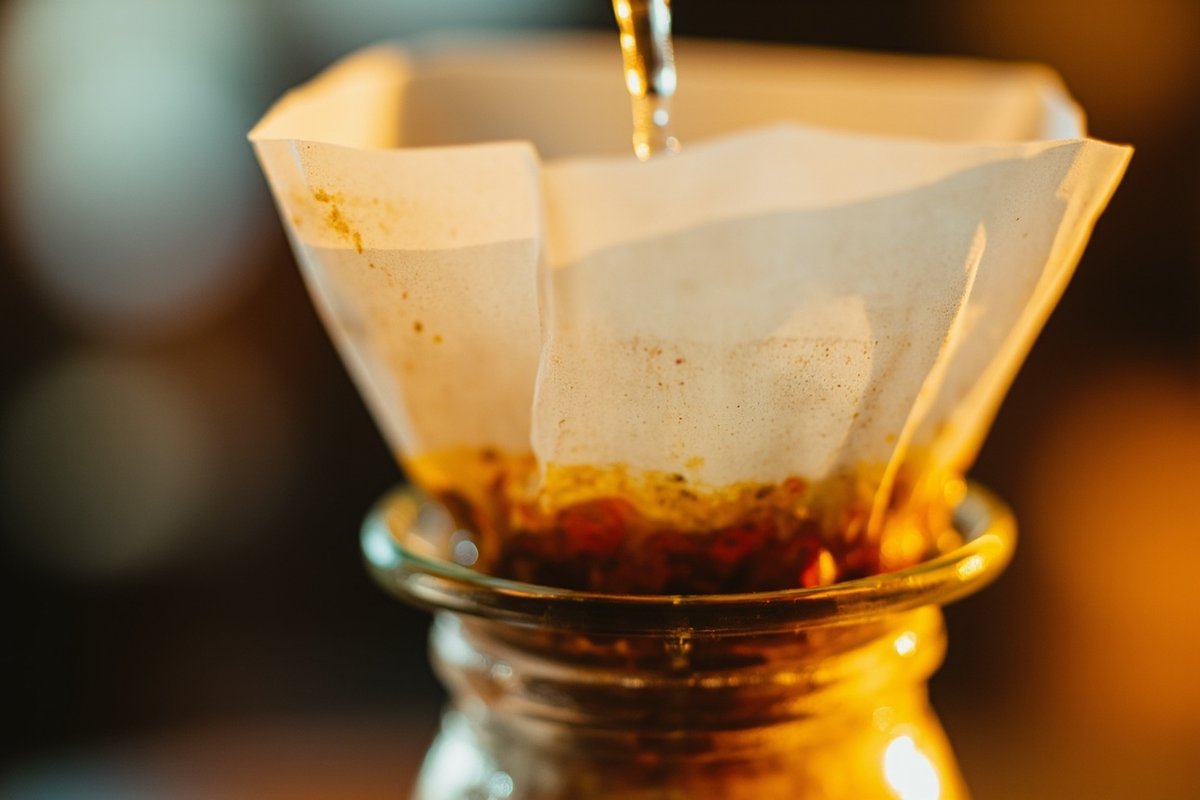 Chemex 厚濾紙潤濕特寫，玻璃壺身反射晨光，木桌背景