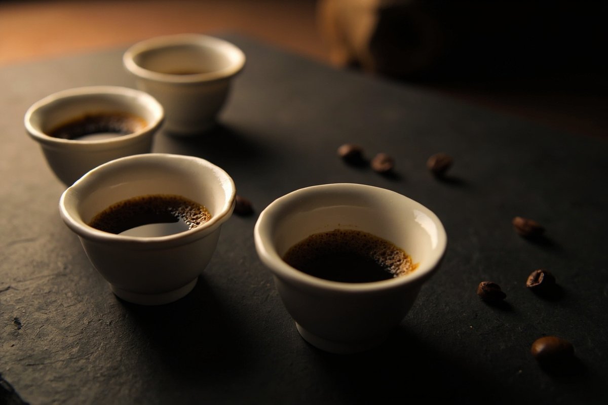 深色石板桌面上弧形排列的白瓷杯盛著不同深淺的咖啡