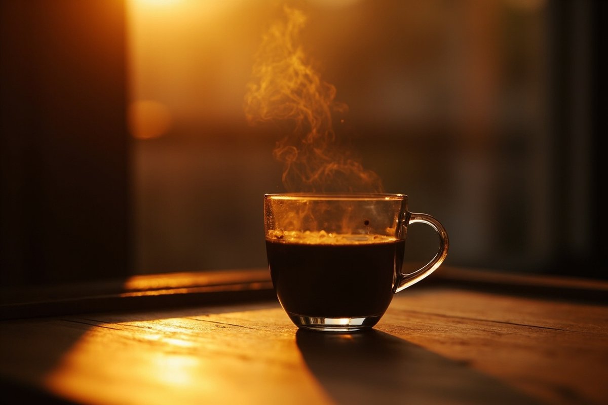 玻璃杯中的黑咖啡在暖光下冒著熱氣