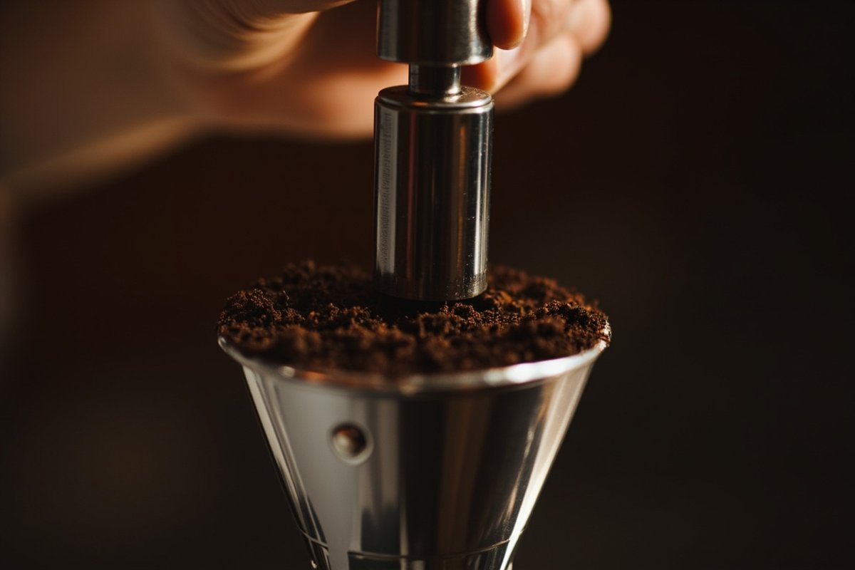 金屬填壓器垂直按壓 portafilter 中的咖啡粉餅特寫