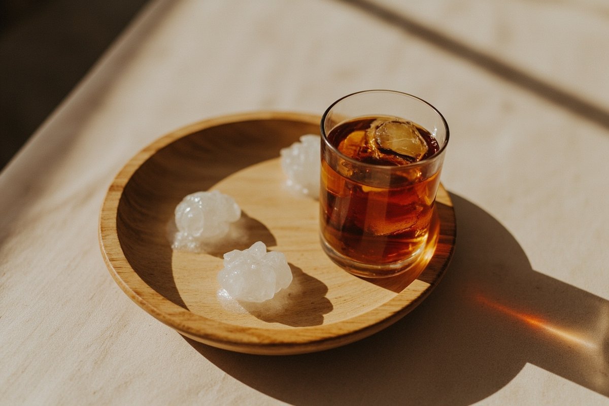 冰咖啡與手工冰球的桌面照片