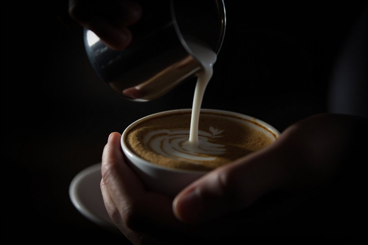 Barista 從高位置注入奶泡到 espresso 杯中，奶流清晰可見