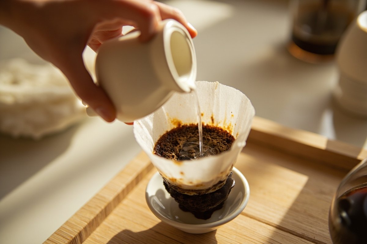 Pour-over bed getting fully saturated by hot water