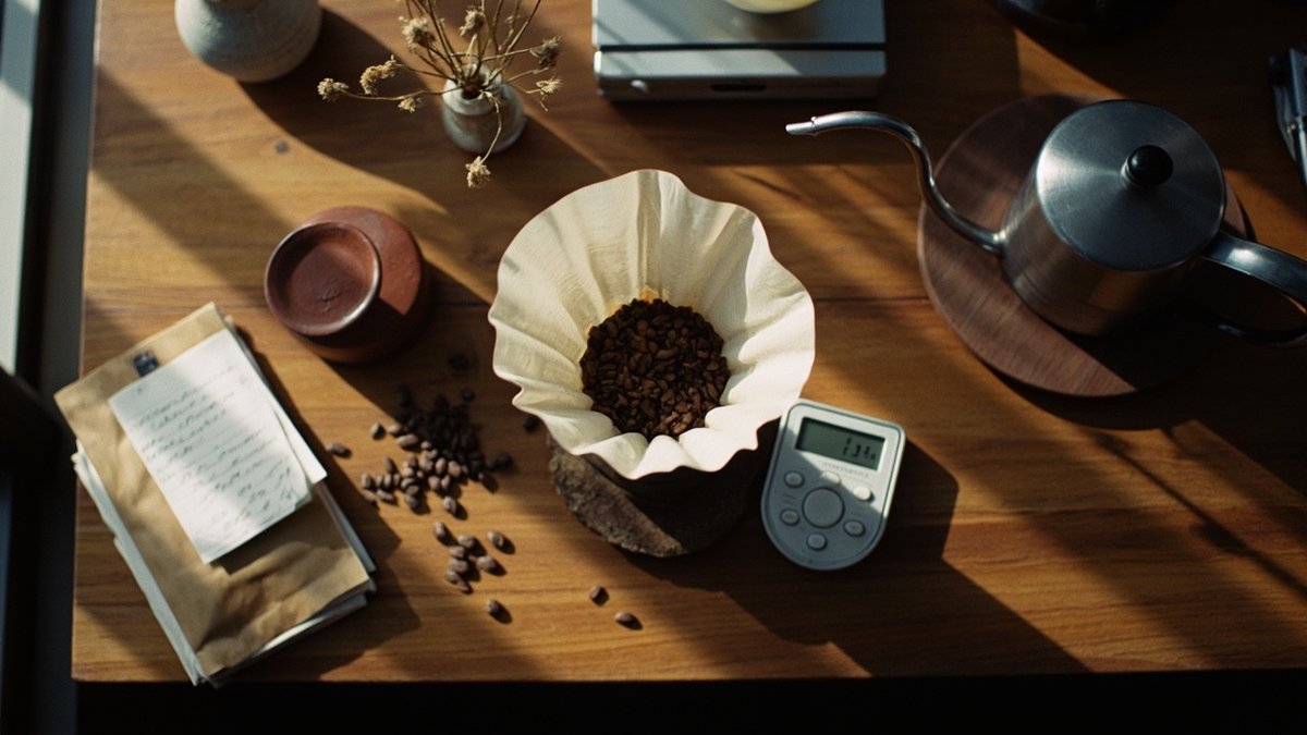 V60 手沖咖啡器具平面照，包含濾杯、手沖壺、電子秤、咖啡豆